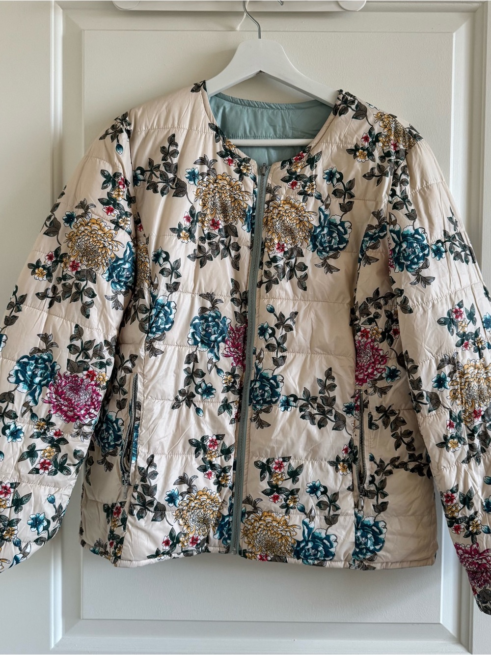 Reversible Puffy Jacket - Cream with Teal & Pink Flowers